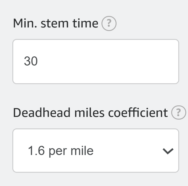 Filled Amazing Relay Min stem time and Deadhead miles coefficient filters
