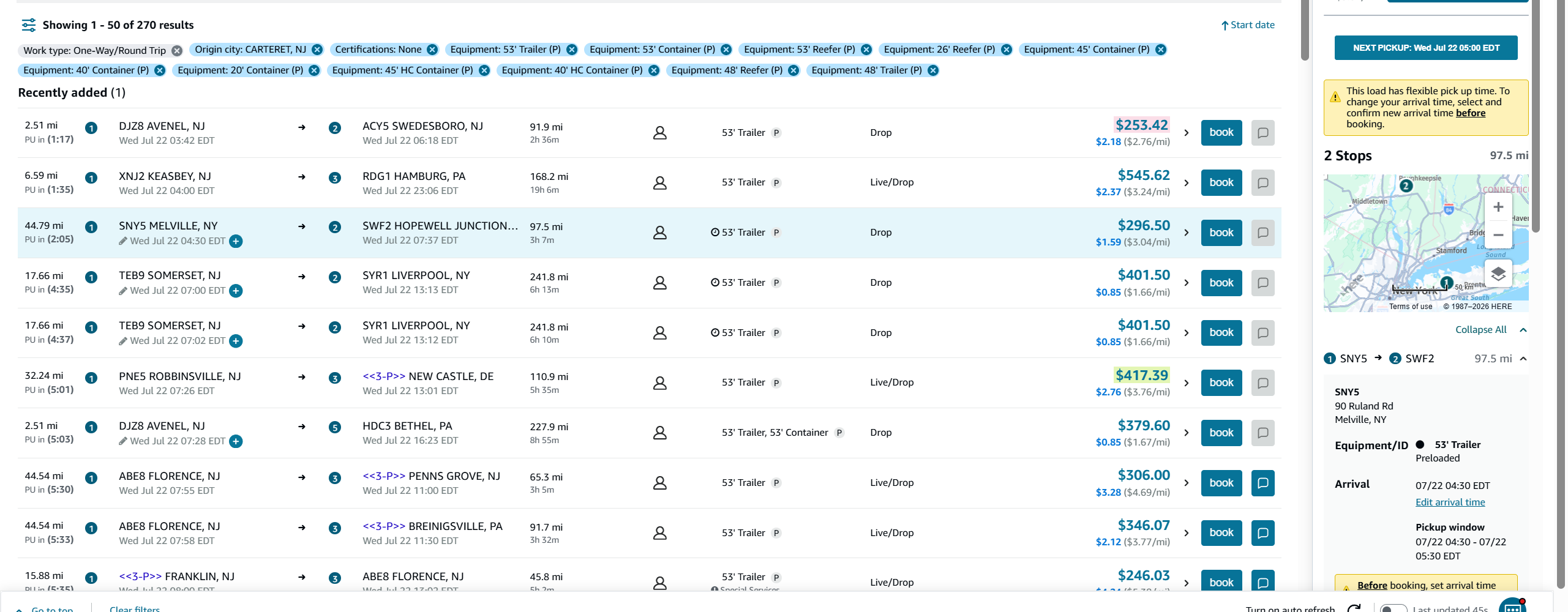 Flexible pickup controls in load rows and the expanded Amazon Relay load card