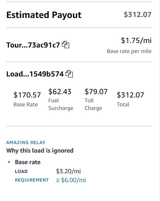 Amazing Relay ignored-load explanation below Estimated Payout in the expanded load card