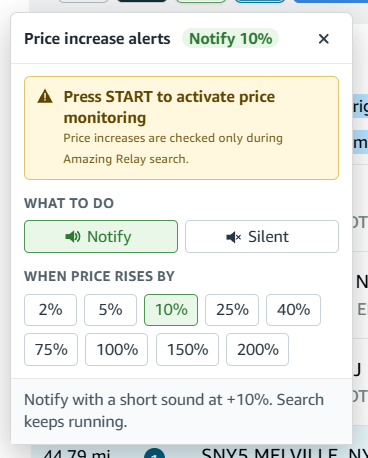 Amazing Relay Price increase alerts menu with notification modes and percentage thresholds