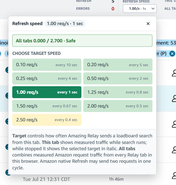 Amazing Relay Refresh speed menu with target rates and All tabs status