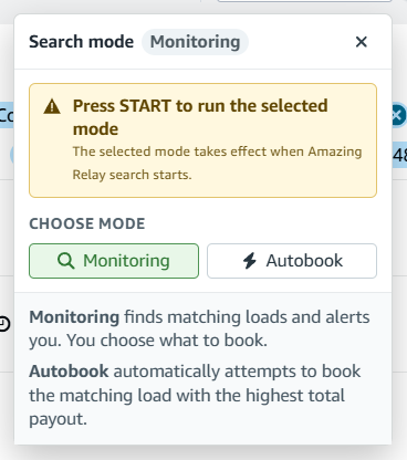 Amazing Relay Search mode menu with Monitoring and Autobook choices