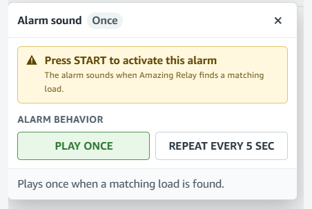 Amazing Relay Alarm sound menu with Play Once and Repeat Every 5 Sec choices.