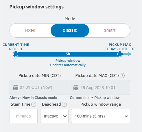 Amazing Relay Pickup window settings with Classic selected, a moving three-hour range, pickup dates, Stem time, and Deadhead.