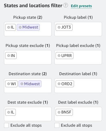 Amazing Relay state and facility label controls with a Midwest preset and individual include and exclude rules.