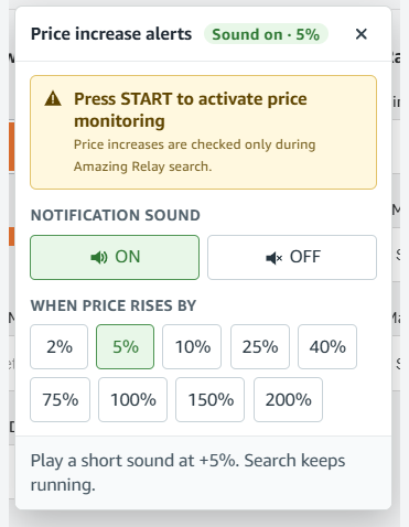 Amazing Relay Price increase alerts menu with notification sound controls and selected 5 percent threshold.