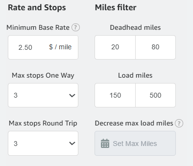Amazing Relay Rate and Stops and Miles filter controls.