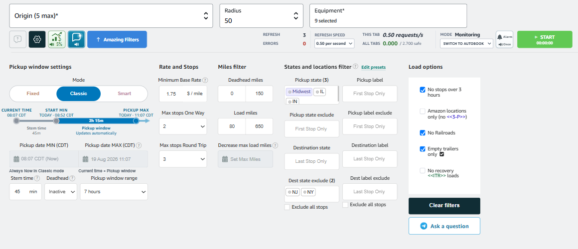 Amazing Relay Monitoring, Classic pickup timing, and advanced filters inside the Amazon Relay Load Board